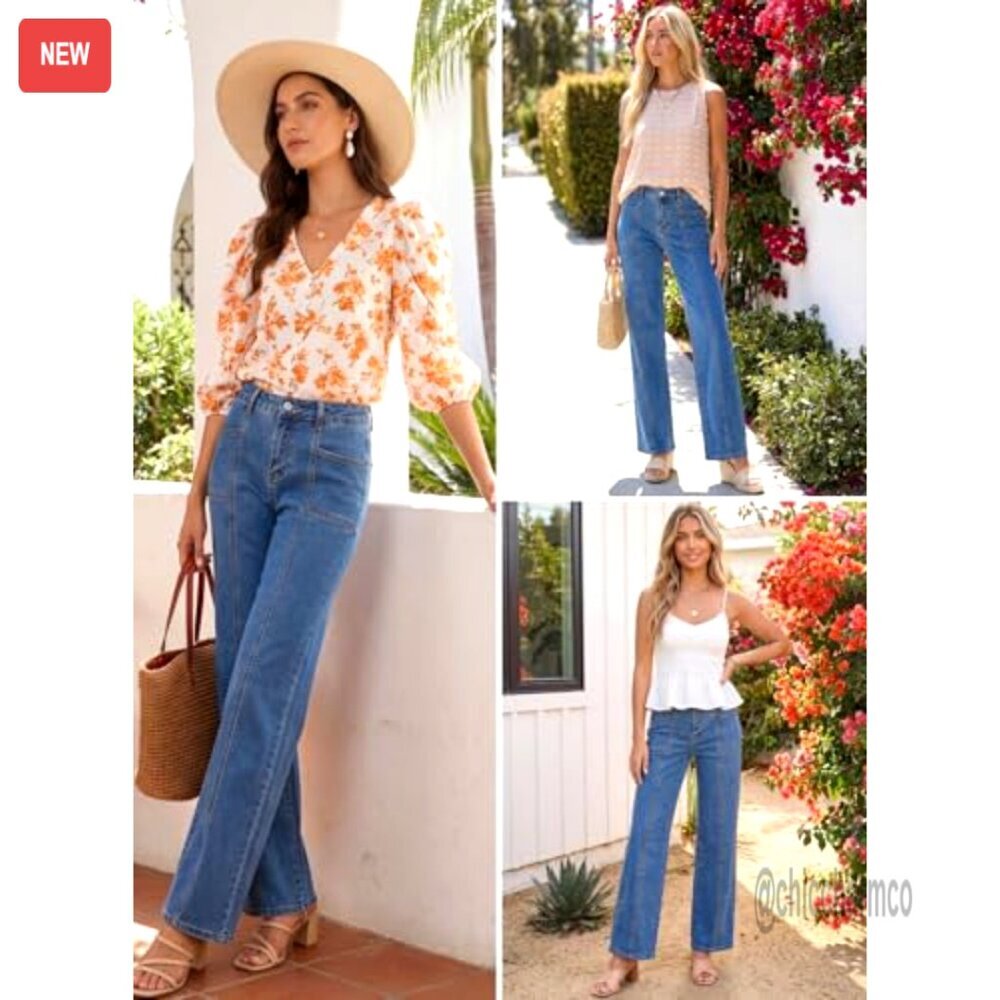 High Waisted Wide Leg Stretchy Denim Jeans Straight Leg Baggy Pants - Picture 6 of 7